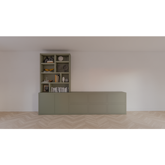123schrank Genola TV Anrichte/Schrank - 340x45/30x240H cm - 5cm Fachbodenstärke - 6 Schubladen mit Push-to-open - 2 Türen mit Push-to-open - offene Fächer