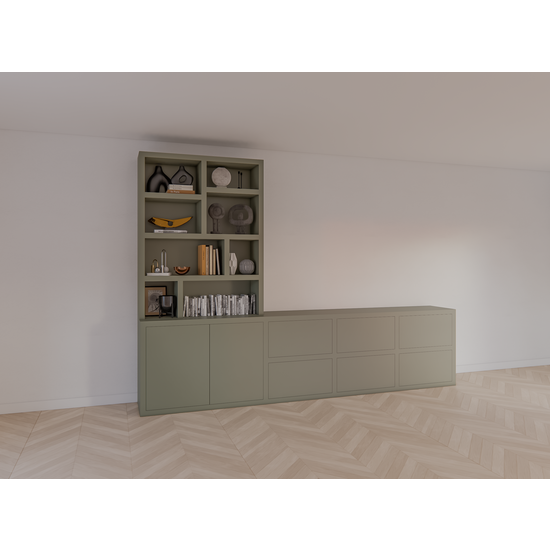 123schrank Genola TV Anrichte/Schrank - 340x45/30x240H cm - 5cm Fachbodenstärke - 6 Schubladen mit Push-to-open - 2 Türen mit Push-to-open - offene Fächer