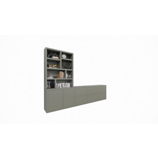 123schrank Genola TV Anrichte/Schrank - 340x45/30x240H cm - 5cm Fachbodenstärke - 6 Schubladen mit Push-to-open - 2 Türen mit Push-to-open - offene Fächer