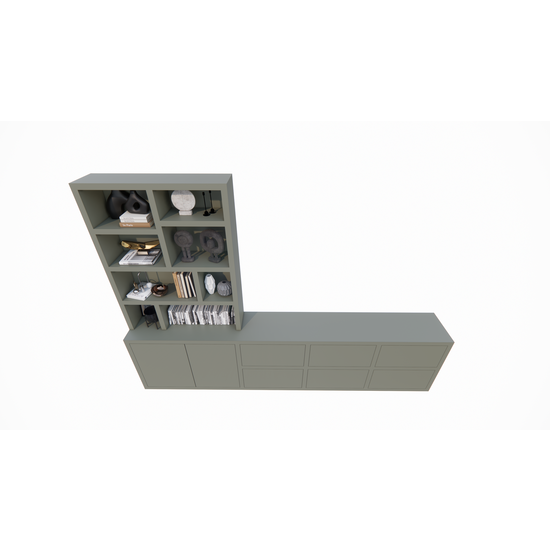 123schrank Genola TV Anrichte/Schrank - 340x45/30x240H cm - 5cm Fachbodenstärke - 6 Schubladen mit Push-to-open - 2 Türen mit Push-to-open - offene Fächer