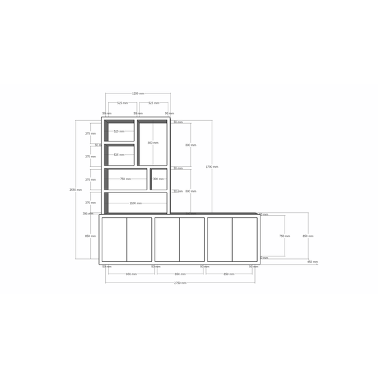 123schrank Royan TV-Sideboard - 275x30/45x255H cm - 6 Push-to-open-Türen - Facheinteilung - schlichte Ausführung