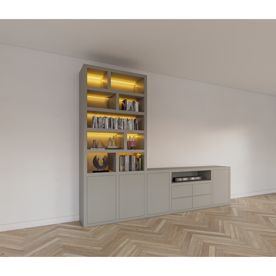 123schrank TV-Fach Sideboard Fleurus - 300x40x240H cm - Push-to-open Türen - 4 Push-to-open Schubladen - schlichte Ausführung (STANDARD OHNE BELEUCHTUNG)