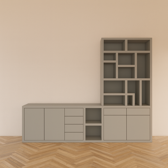 123schrank TV-Sideboard mit Fächerschrank Lesbos - 350x40x250H cm - Soft-Close-Schubladen - Push-to-Open-Türen - schlichte Ausführung - offene Fächer