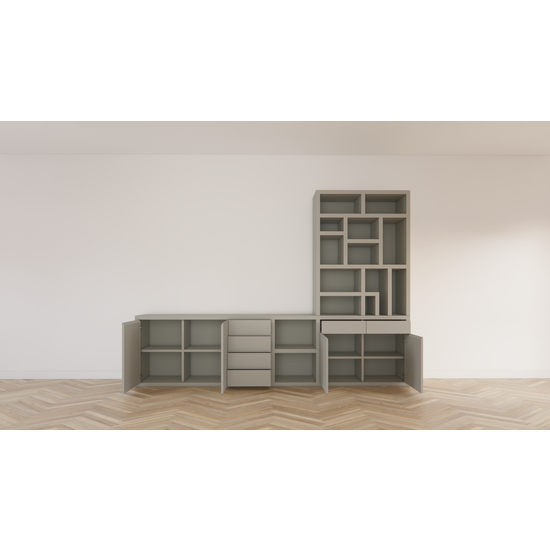123schrank TV-Sideboard mit Fächerschrank Lesbos - 350x40x250H cm - Soft-Close-Schubladen - Push-to-Open-Türen - schlichte Ausführung - offene Fächer