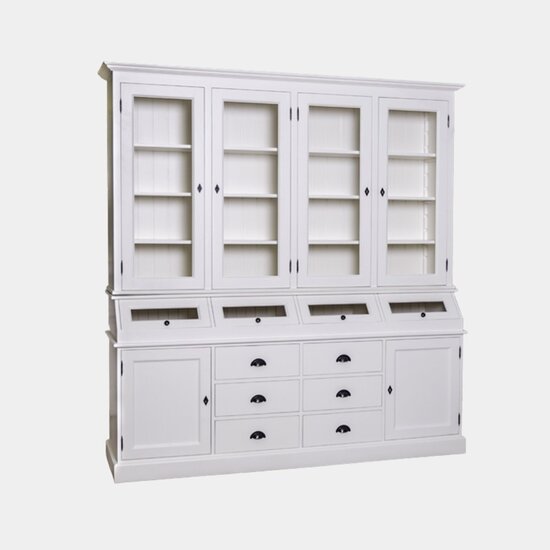 123schrank Grutterschrank Cova - 214x50x226H cm - 4 Vitrinentüren mit Scharnieren - 4 Klappen - 6 Schubladen - 2 geschlossene Scharniertüren