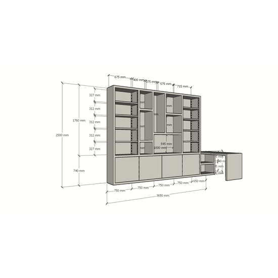 123schrank Bücherregal Bellac - 365x40x250H cm - Bücherregal/Schreibtisch - 5 cm Fachbodenstärke - verstellbare Fachböden im Regalteil