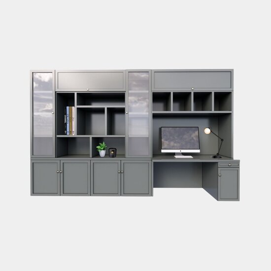 123schrank Fächerschrank / Schreibtisch Luxemburg - 400x50/70x250H cm - Fächerschrank mit eingebautem Schreibtisch - mit Glastüren - mit geschlossenen Klapptüren -