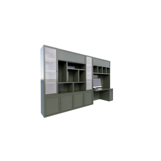123schrank Fächerschrank / Schreibtisch Luxemburg - 400x50/70x250H cm - Fächerschrank mit eingebautem Schreibtisch - mit Glastüren - mit geschlossenen Klapptüren -