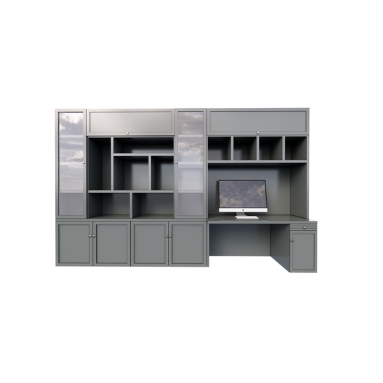 123schrank Fächerschrank / Schreibtisch Luxemburg - 400x50/70x250H cm - Fächerschrank mit eingebautem Schreibtisch - mit Glastüren - mit geschlossenen Klapptüren -