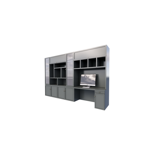 123schrank Fächerschrank / Schreibtisch Luxemburg - 400x50/70x250H cm - Fächerschrank mit eingebautem Schreibtisch - mit Glastüren - mit geschlossenen Klapptüren -