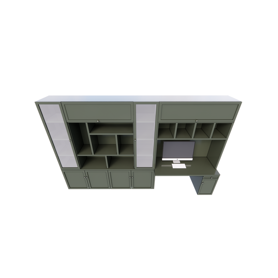 123schrank Fächerschrank / Schreibtisch Luxemburg - 400x50/70x250H cm - Fächerschrank mit eingebautem Schreibtisch - mit Glastüren - mit geschlossenen Klapptüren -