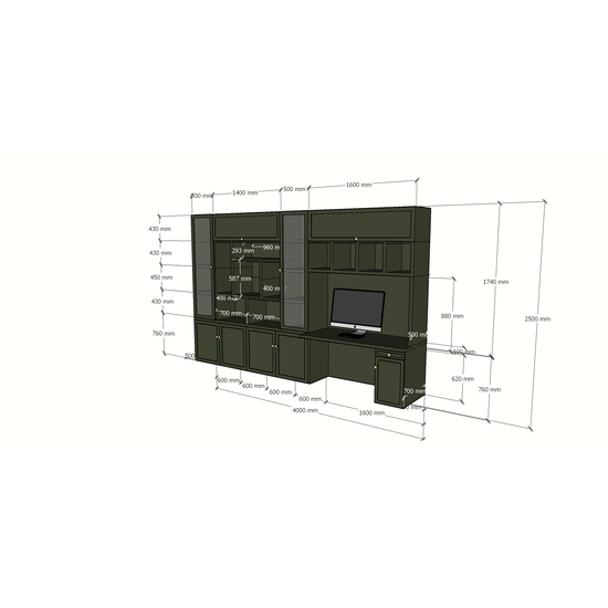 123schrank Fächerschrank / Schreibtisch Luxemburg - 400x50/70x250H cm - Fächerschrank mit eingebautem Schreibtisch - mit Glastüren - mit geschlossenen Klapptüren -