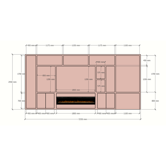 123schrank TV-/Bürofachschrank Narni mit Kamin 535x45x255H cm - 5cm Fachbodenstärke - PREIS AUF ANFRAGE