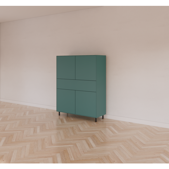 123schrank Piana Schrank/Dienstmädchenschrank - 112x42x144H cm - auf schwarzen Stahlbeinen - 1 Schublade mit Push-to-open - 4 Türen mit Push-to-open