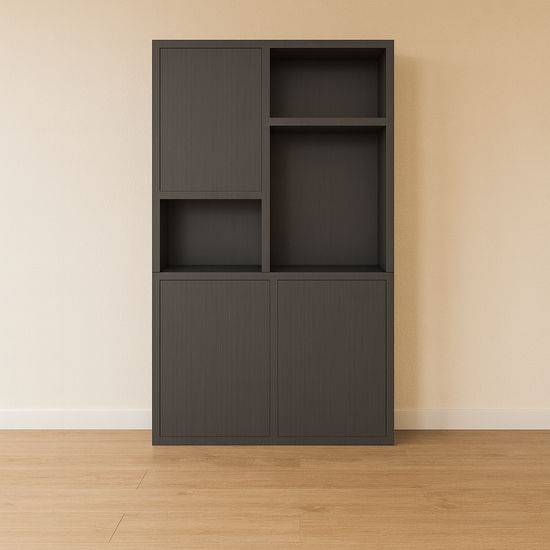 123schrank Faro 02 Fächerschrank - 124x44x200H cm - offene Einlegeböden - geschlossene Tür im Oberschrank - push to open Türen - Schublade hinter der Tür - schlankes Design