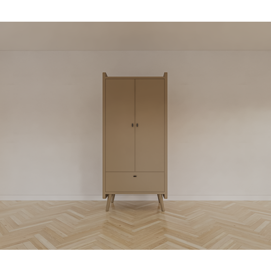 123schrank Kinderkleiderschrank Denok - 90x60x195H cm - auf runden Beinen - 2 Flügeltüren - verstellbare Einlegeböden und Hängeteil - 1 Soft-Close-Schublade