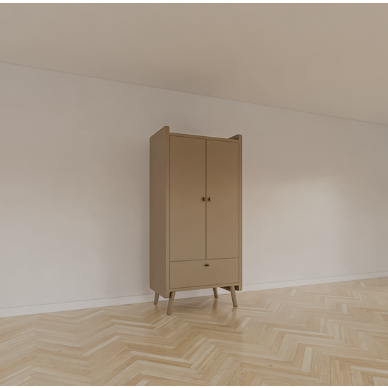 123schrank Kinderkleiderschrank Denok - 90x60x195H cm - auf runden Beinen - 2 Flügeltüren - verstellbare Einlegeböden und Hängeteil - 1 Soft-Close-Schublade