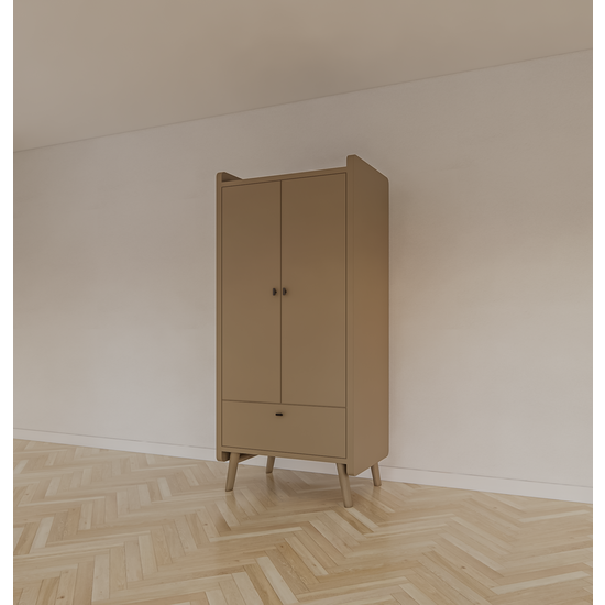 123schrank Kinderkleiderschrank Denok - 90x60x195H cm - auf runden Beinen - 2 Flügeltüren - verstellbare Einlegeböden und Hängeteil - 1 Soft-Close-Schublade