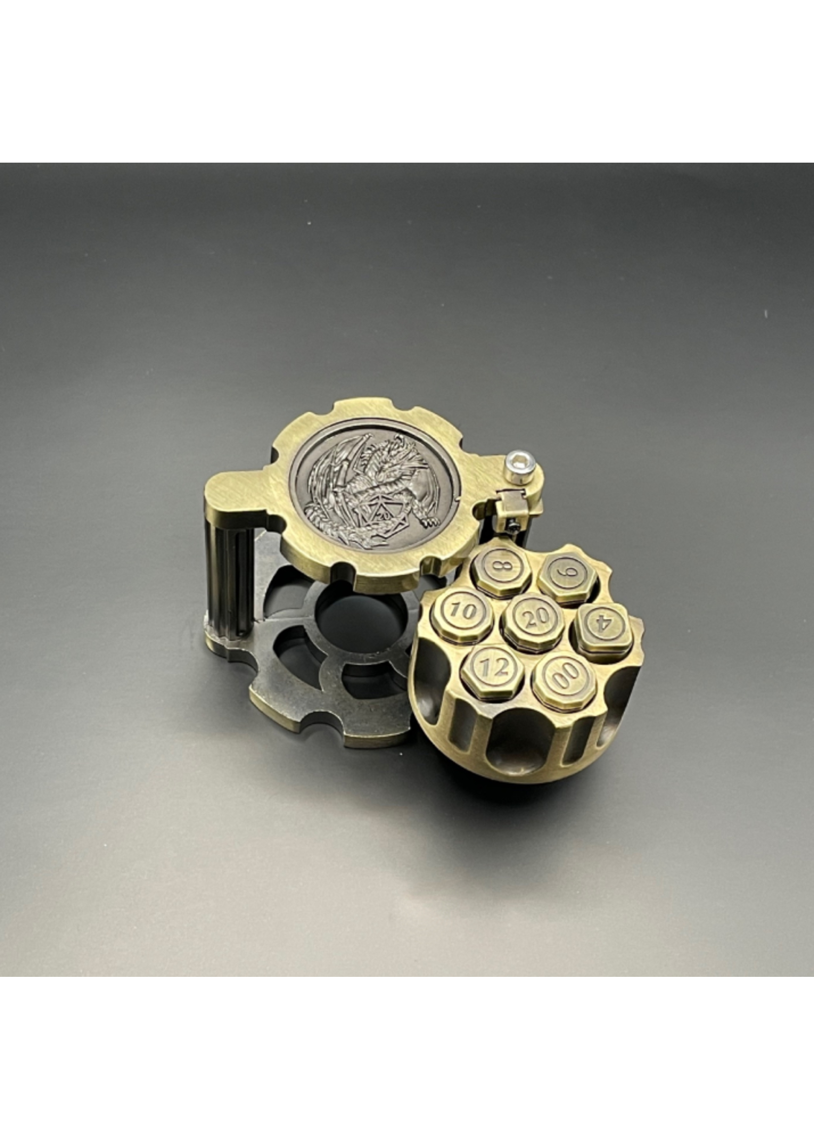 MagicVortex - Dice Spinning Revolver Metal Bullet RPG Dice Set of 7 - Brass