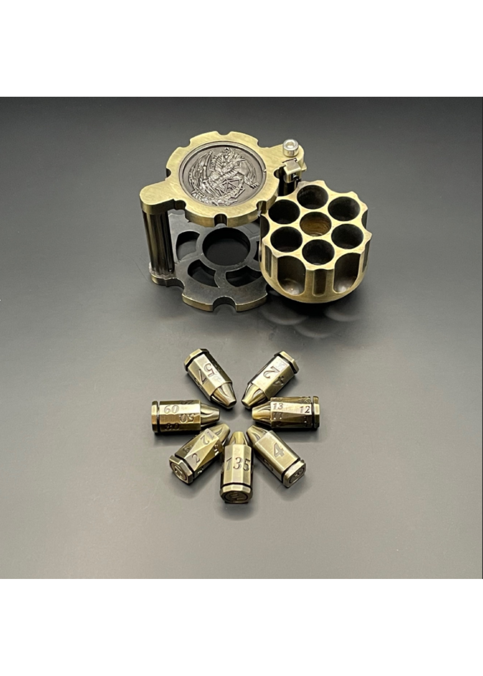 MagicVortex - Dice Spinning Revolver Metal Bullet RPG Dice Set of 7 - Brass