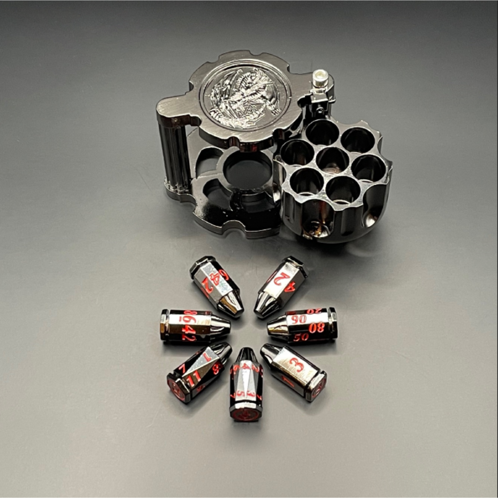 MagicVortex - Dice Spinning Revolver Metal Bullet RPG Dice Set of 7 - Black