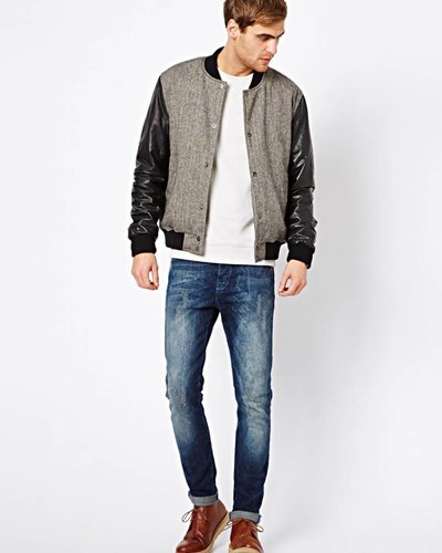 Bomber jacket with leather sleeves