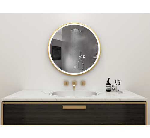 Bella Mirror Miroir rond 80 cm avec cadre doré, éclairage LED et anti-buée