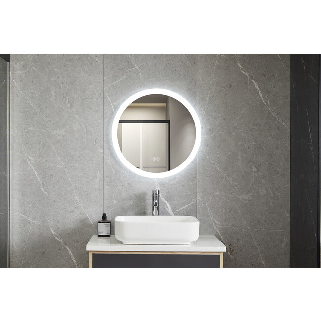 Bella Mirror Miroir rond 60 cm sans cadre, éclairage LED encastré et anti-condensation