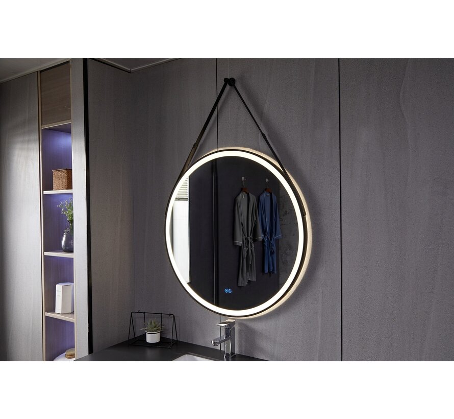 Miroir rond 80 cm avec ceinture tendance, cadre noir, éclairage LED encastré et anti-buée