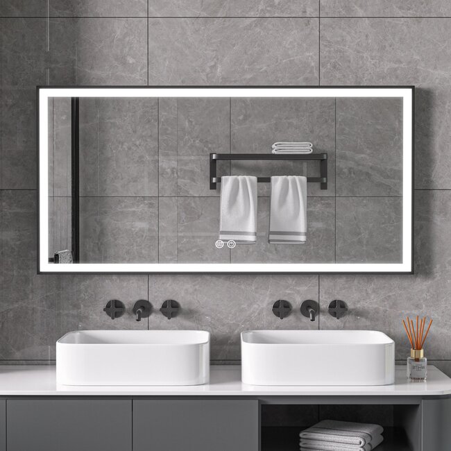 Bella Mirror Miroir avec cadre noir, LED, anti-buée 75 x 125 cm