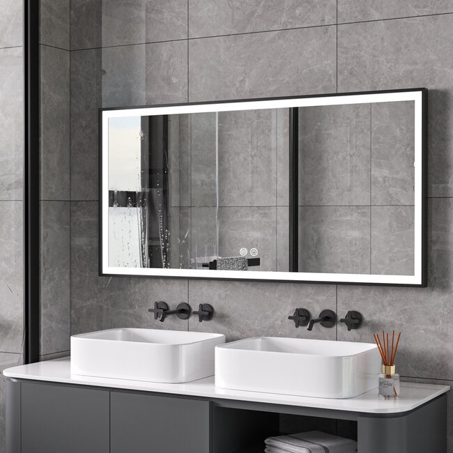 Bella Mirror Miroir avec cadre noir, LED, anti-buée 75 x 125 cm