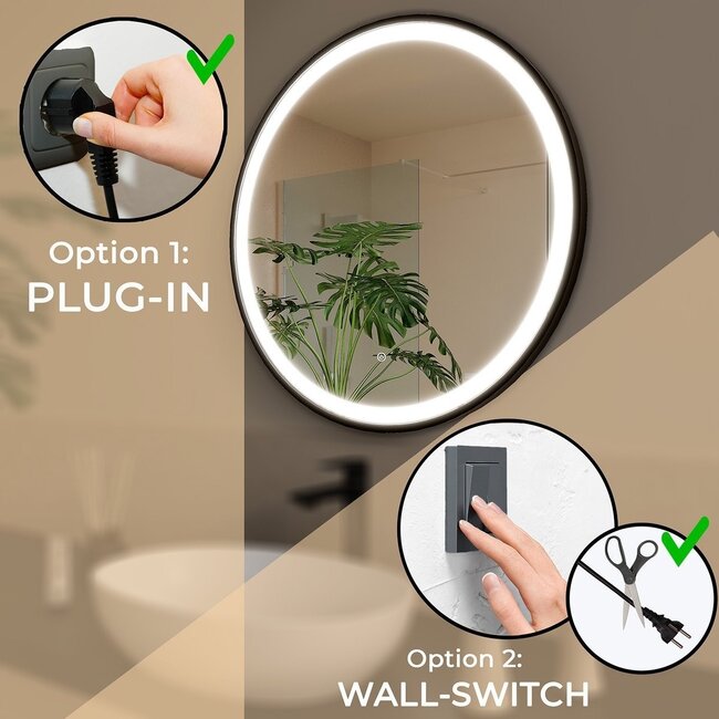 Bella Mirror Miroir rond 100 cm avec cadre noir, éclairage LED et anti-buée