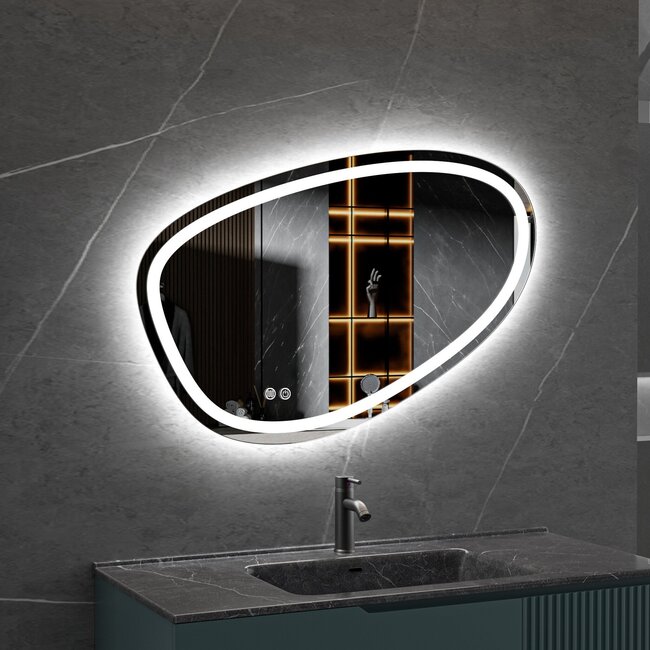 Quality Heating Miroir asymétrique avec éclairage LED encastré et anti-buée 90cm de large et 60cm de haut