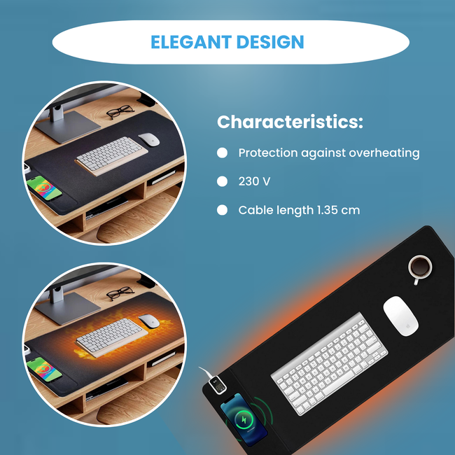 Quality Heating Sous-main chauffant avec fonction de recharge sans fil et LED 80 x 40