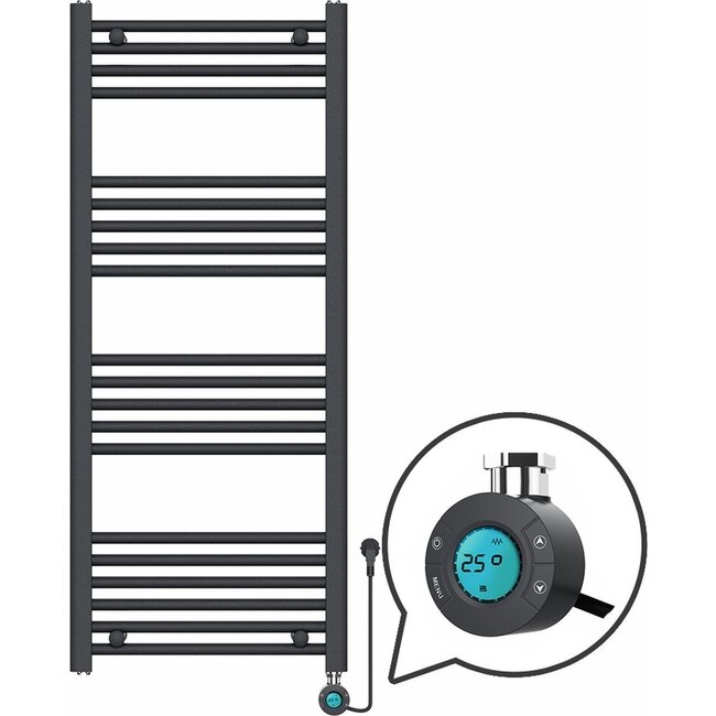 Quality Heating Radiateur sèche-serviettes électrique avec thermostat digital - Radiateur Salle de bain - 1200 × 500 mm - Noir mat - 500 watts