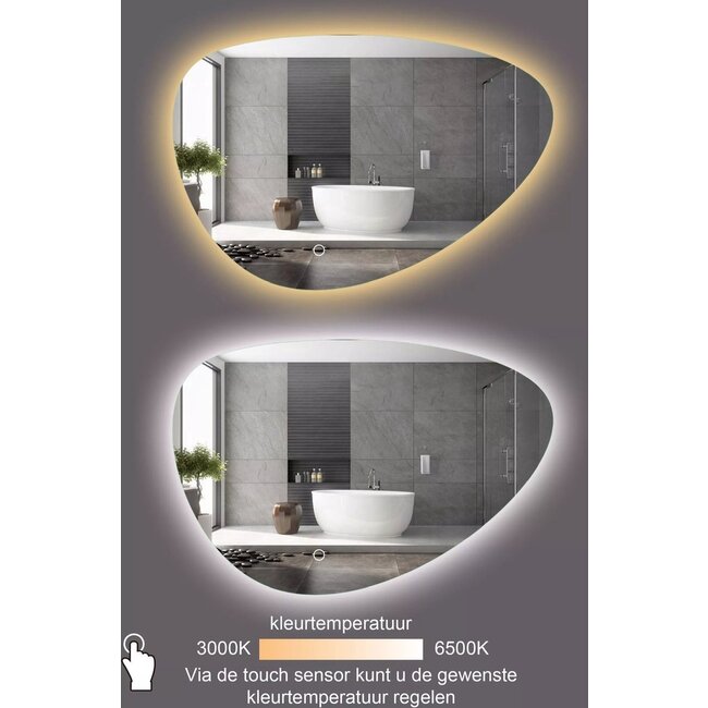 Miroir asymétrique organique avec éclairage LED et anti-condensation 90 cm de large et 60 cm de haut