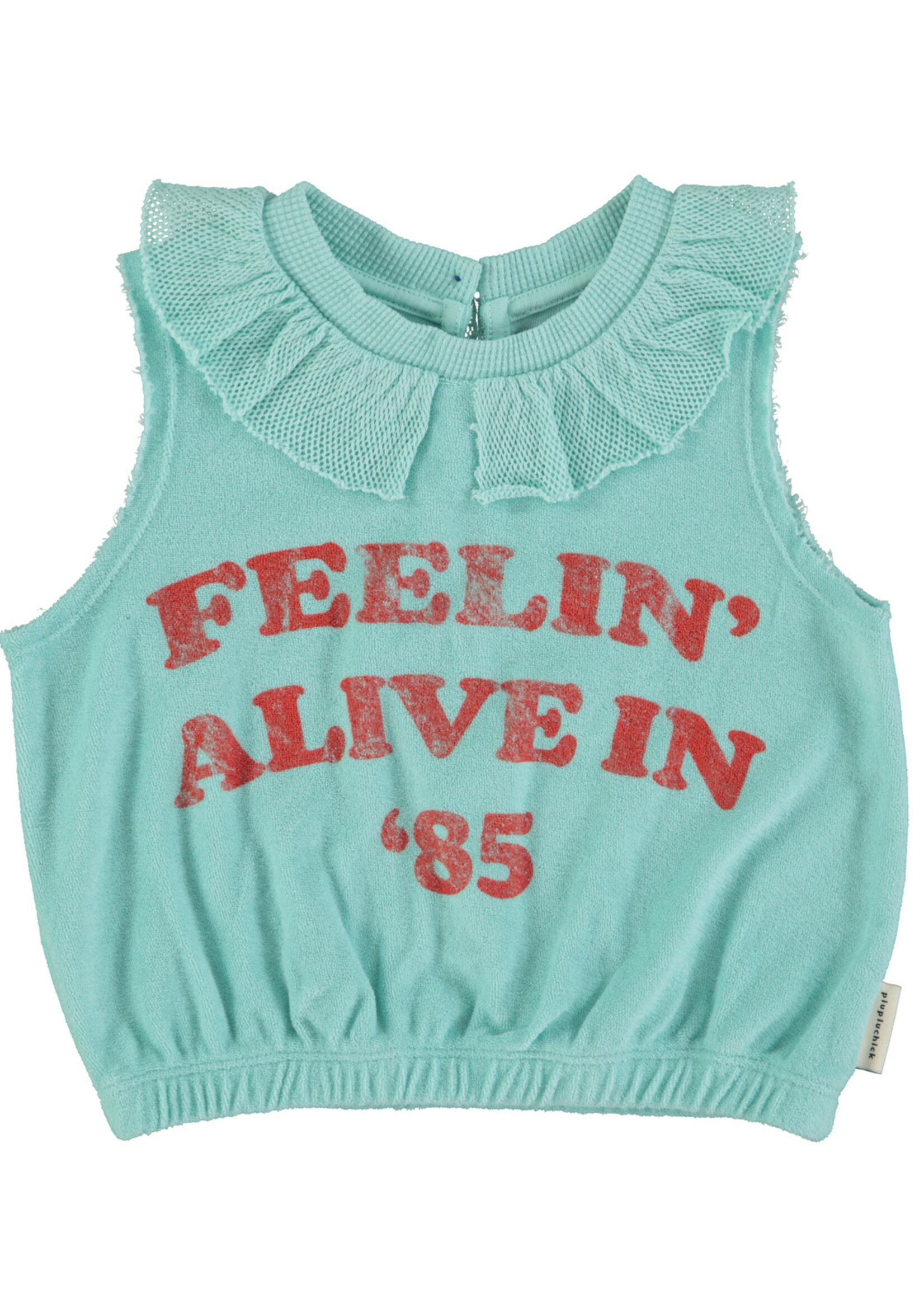 Piupiuchick Sleeveless top w/collar | blue w/ "feelin' alive" print - Piupiuchick