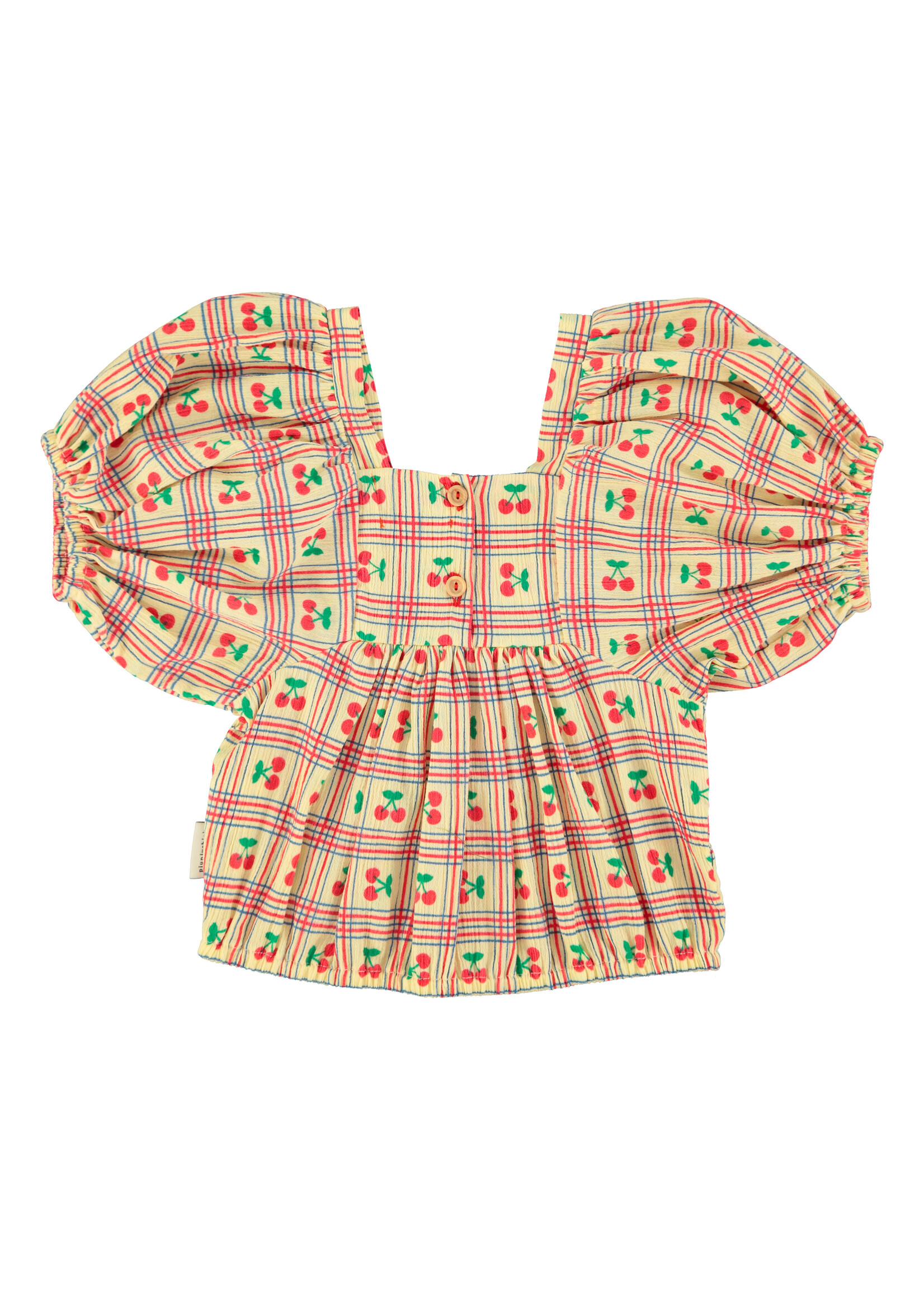 Piupiuchick Cropped blouse w/ baloon sleeves | Light yellow w/ cherries - Piupiuchick