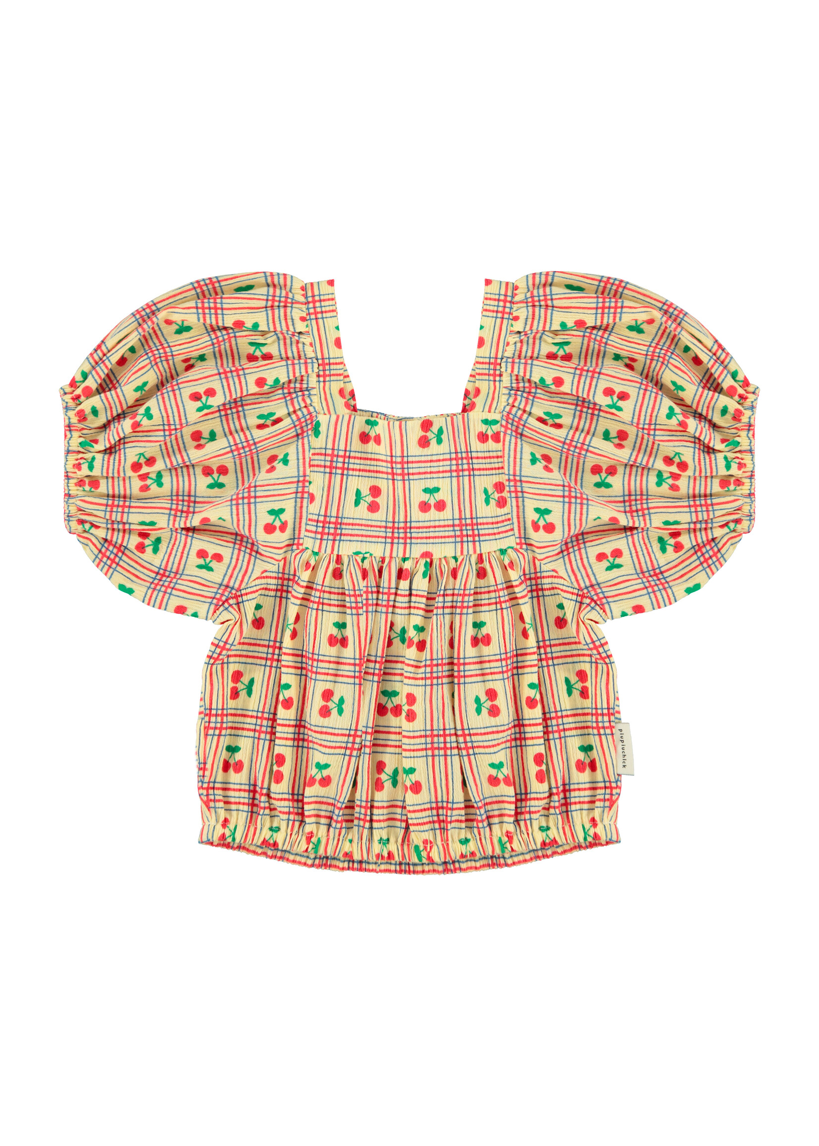 Piupiuchick Cropped blouse w/ baloon sleeves | Light yellow w/ cherries - Piupiuchick