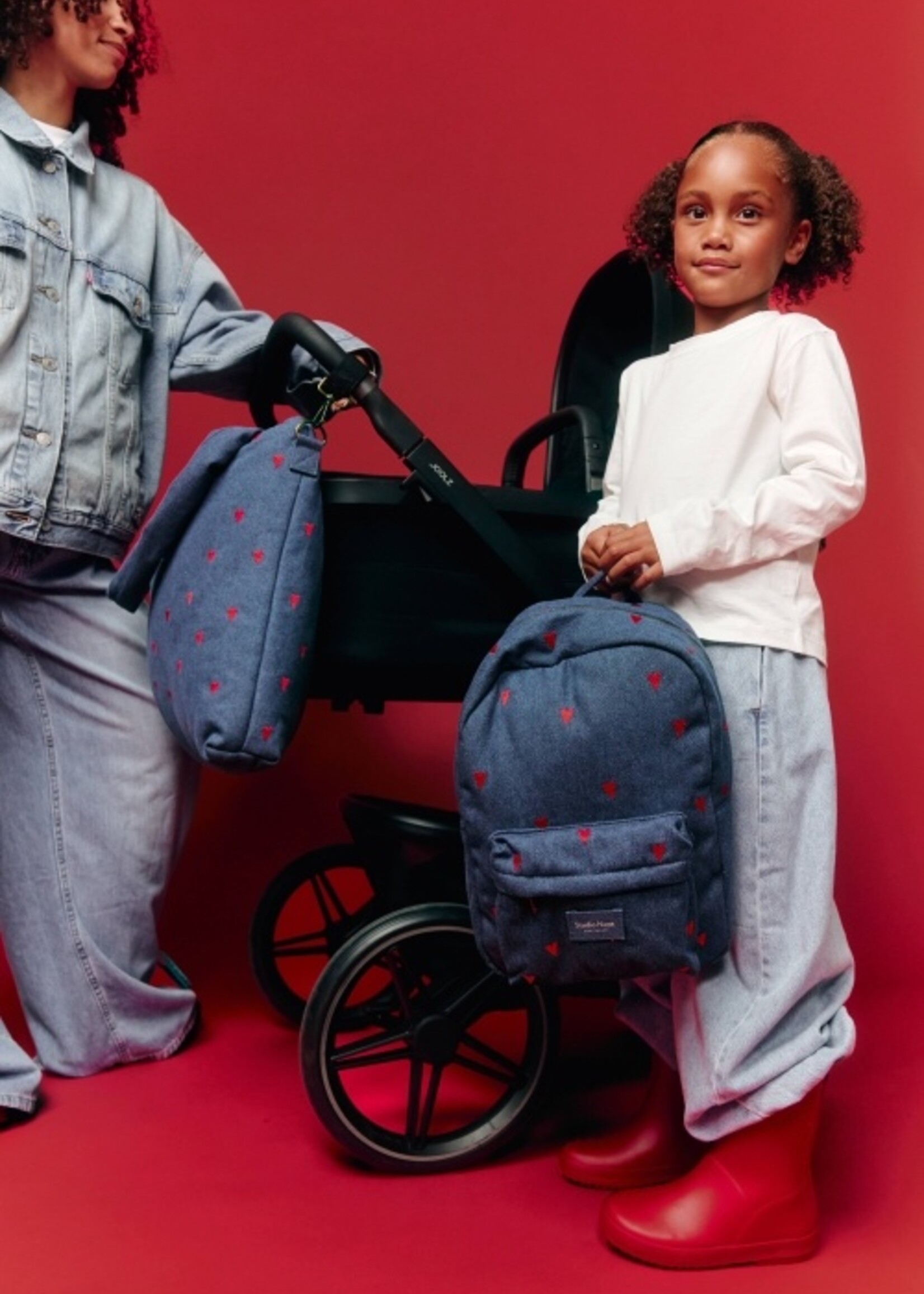 Studio Noos Midi backpack dark blue denim Red hearts - Studio Noos