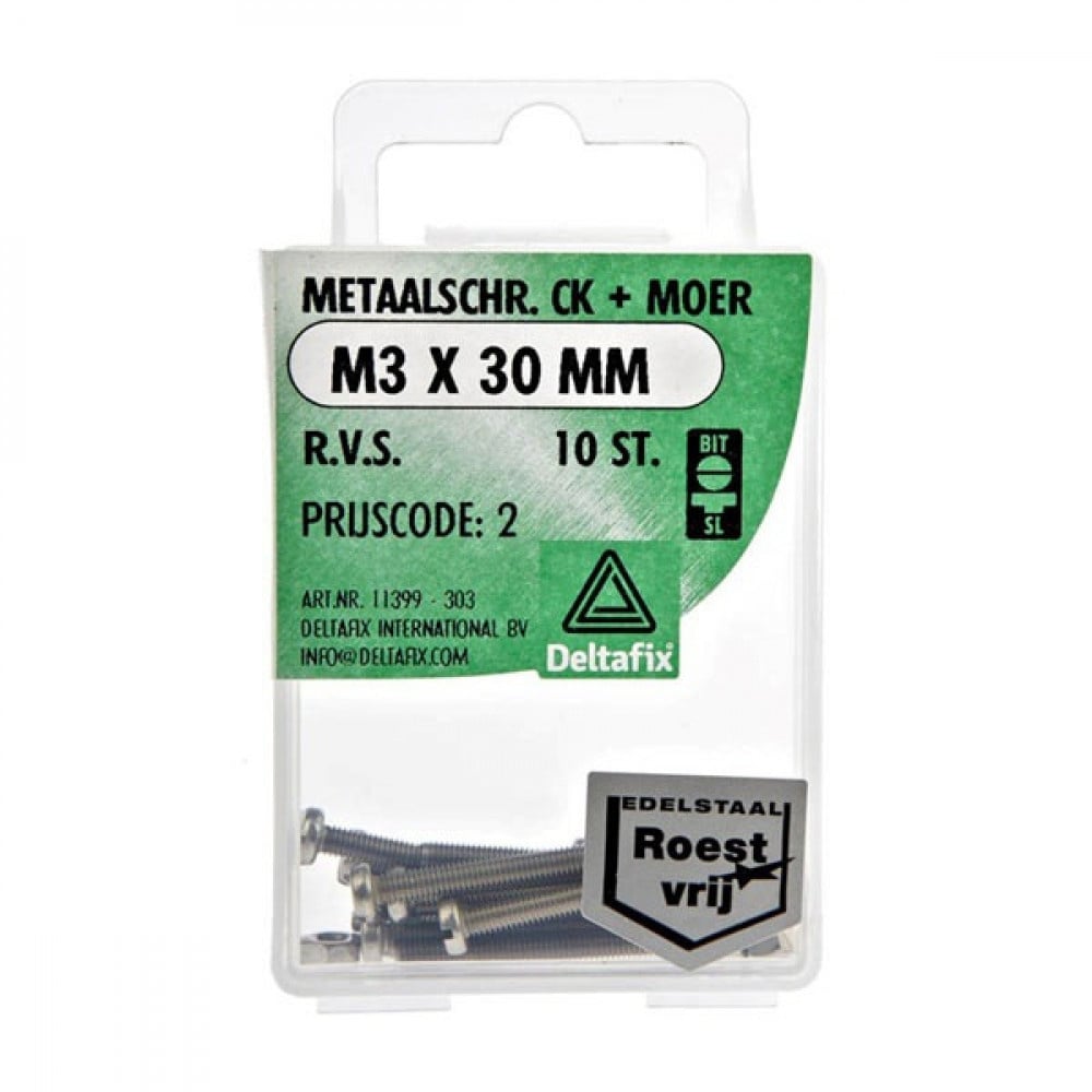 Deltafix Metaalschroef + Moer CK RVS CK M3x30mm 10st Deltafix Metaalschroef + Moer CK RVS CK M3x30mm 10st