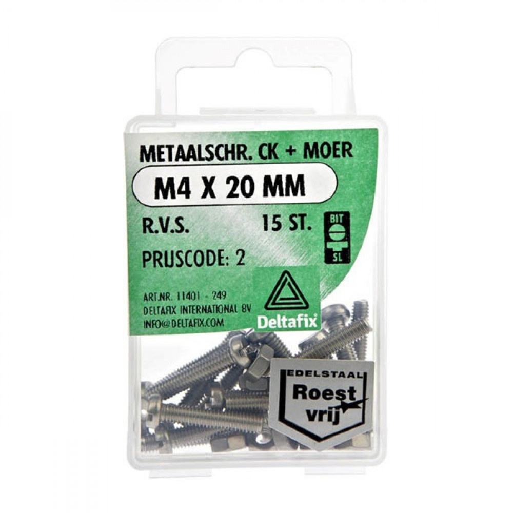 Deltafix Metaalschroef + Moer CK RVS CK M4x20mm 15st Deltafix Metaalschroef + Moer CK RVS CK M4x20mm 15st
