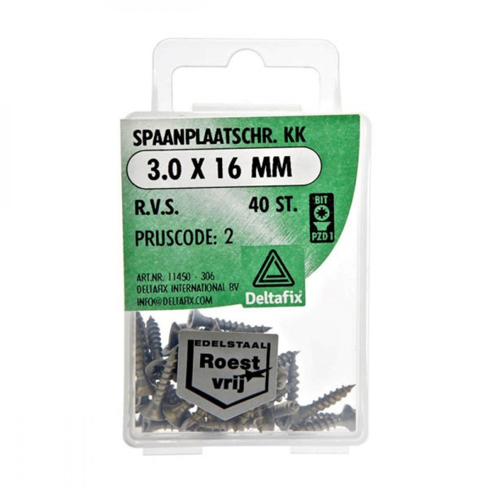 Deltafix Spaanplaatschroef KK RVS 3.0x16 mm Set 40st Deltafix Spaanplaatschroef KK RVS 3.0x16 mm Set 40st