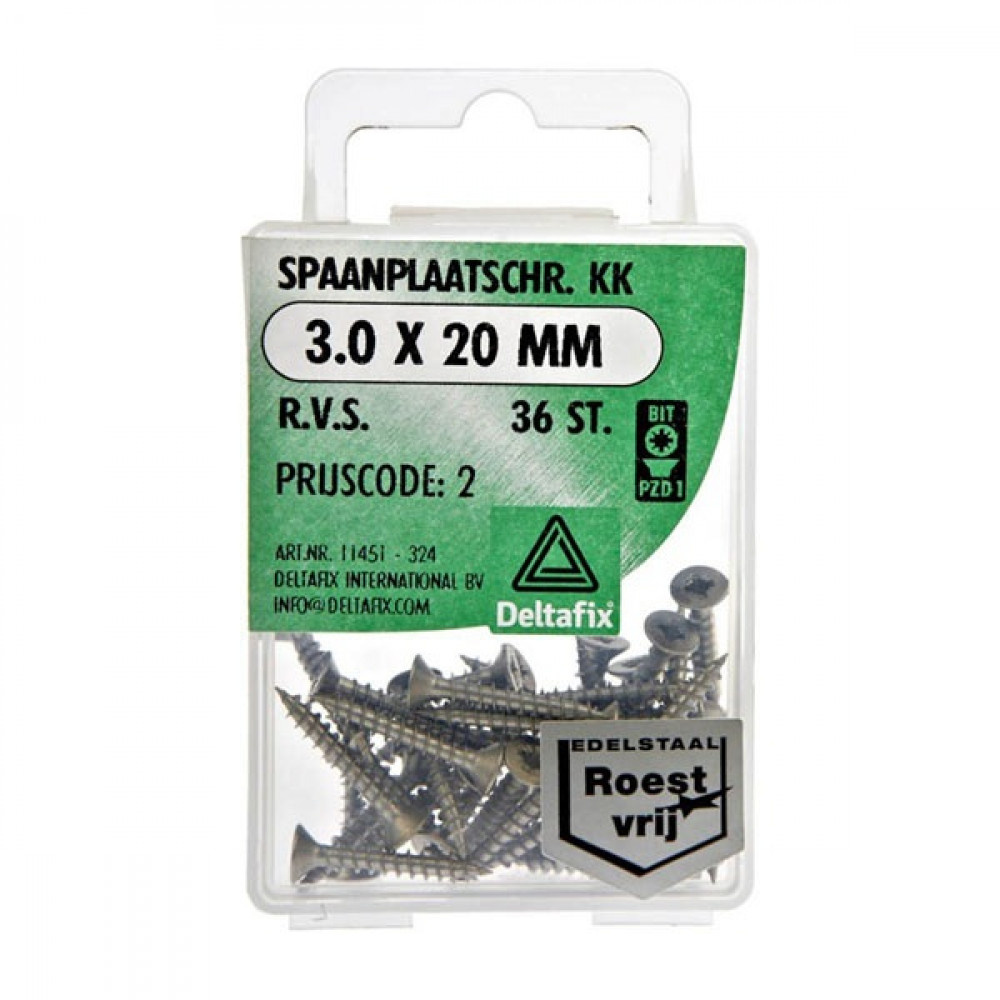 Deltafix Spaanplaatschroef KK RVS 3.0x20mm Set 36st Deltafix Spaanplaatschroef KK RVS 3.0x20mm Set 36st