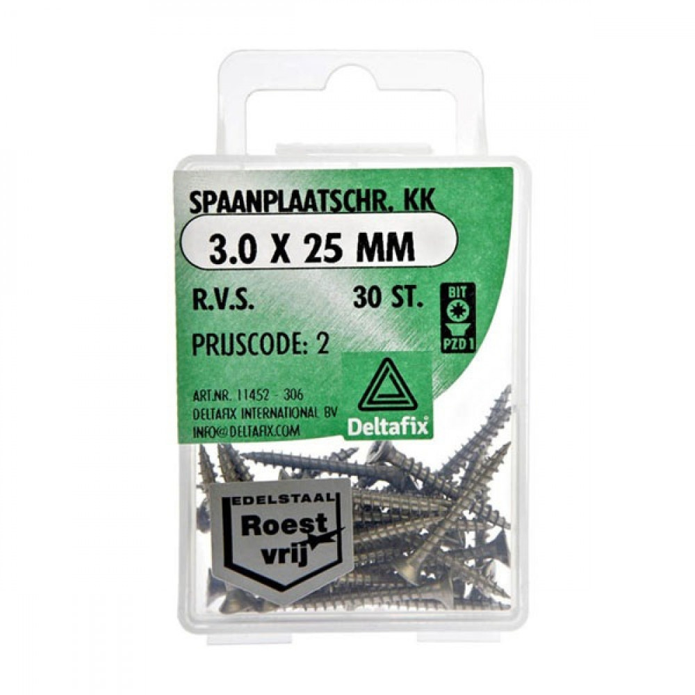 Deltafix Spaanplaatschroef KK RVS 3.0x25mm Set 30st Deltafix Spaanplaatschroef KK RVS 3.0x25mm Set 30st