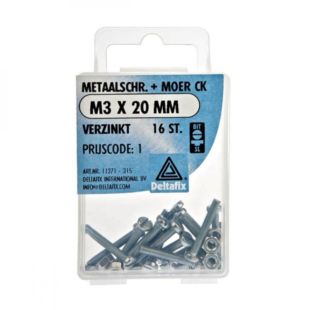 Deltafix Metaalschroef + Moer CK Verzinkt CK M3x20mm 16st Deltafix Metaalschroef + Moer CK Verzinkt CK M3x20mm 16st
