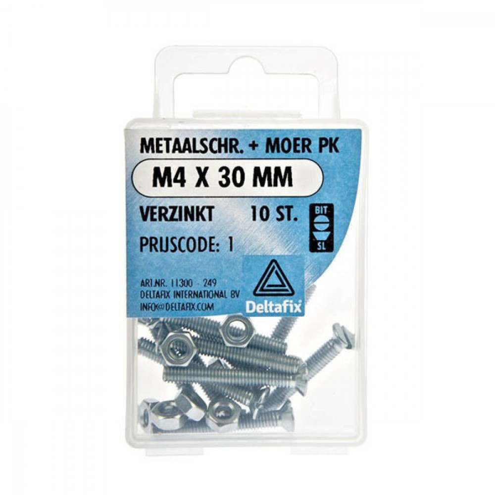 Deltafix Metaalschroef + Moer PK Verzinkt M4x30mm 10st Deltafix Metaalschroef + Moer PK Verzinkt M4x30mm 10st