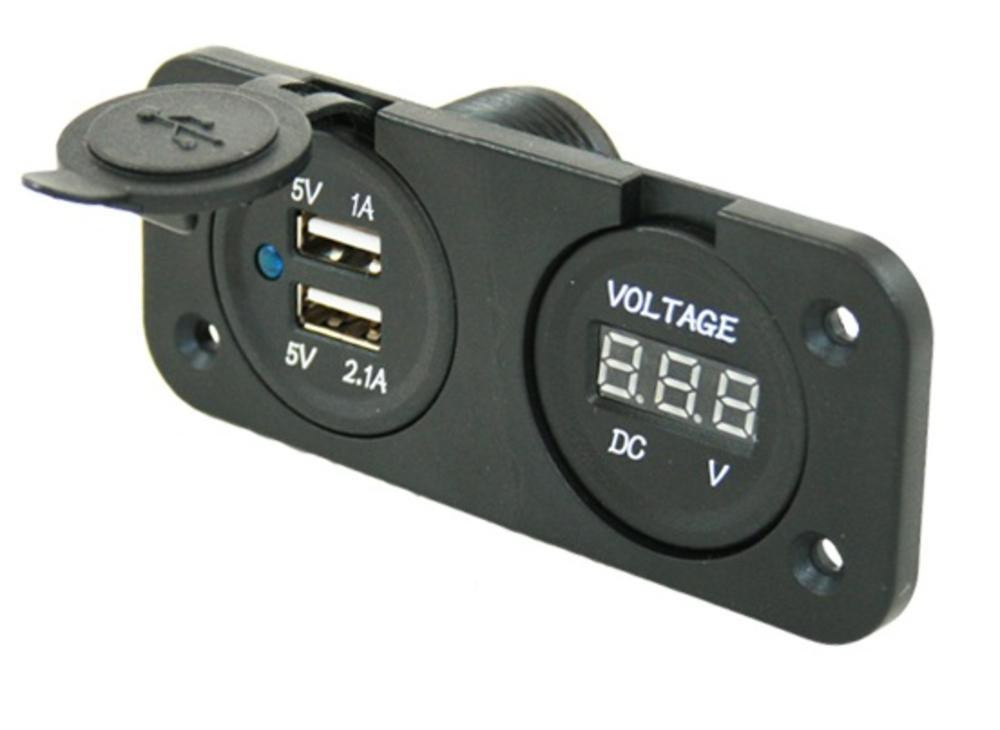 Power Line Voltmeter + 2x USB Lader Inbouw Zwart Power Line Voltmeter + 2x USB Lader Inbouw Zwart
