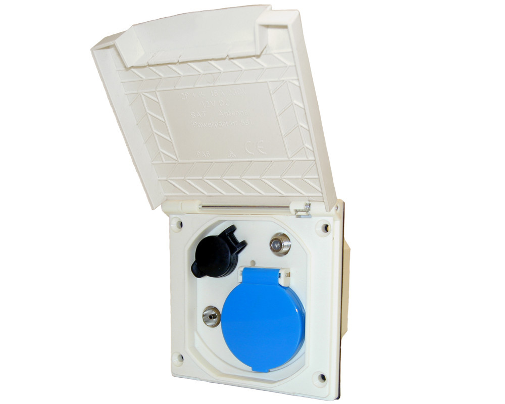 Inbouwstekkerdoos 230V/12V/Ant/Sat Nieuw Deksel Wit Inbouwstekkerdoos 230V/12V/Ant/Sat Nieuw Deksel Wit