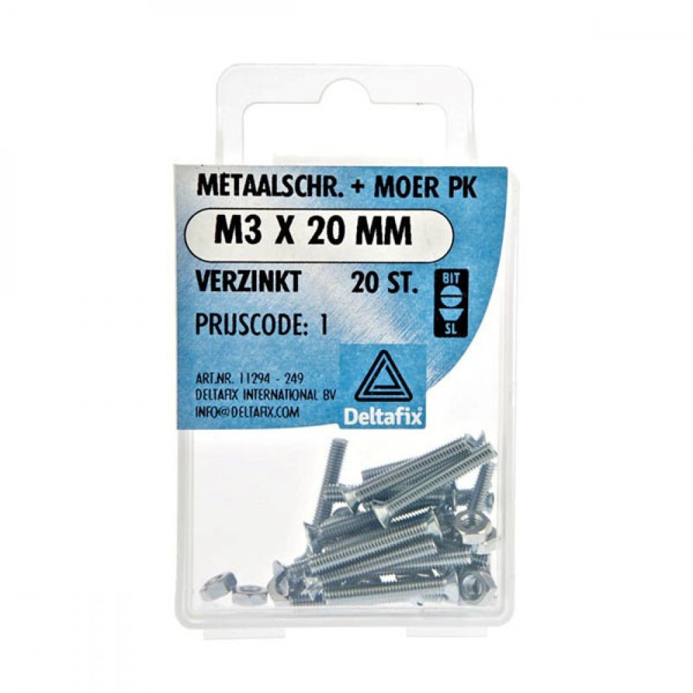 Deltafix Metaalschroef + Moer PK Verzinkt M3x20mm 20st Deltafix Metaalschroef + Moer PK Verzinkt M3x20mm 20st
